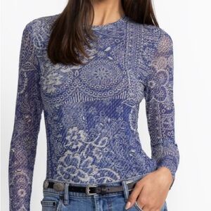 Johnny Was Blue Fitted Long Sleeve Bodysuit